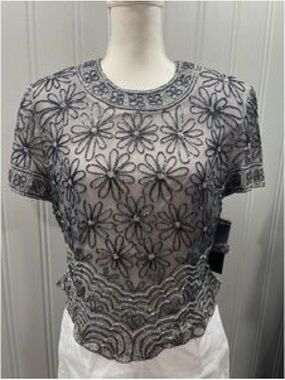 Chaudry Elegantly Beaded Floral Mesh Top - Blue and Silver— Gorgeous top size:PS